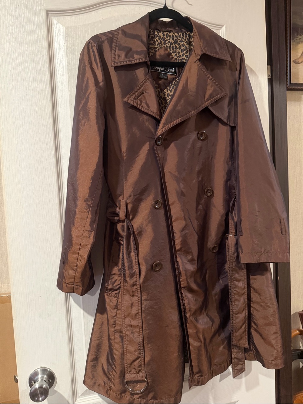 Brown Double-Breasted Trench Coat with Leopard Lining
